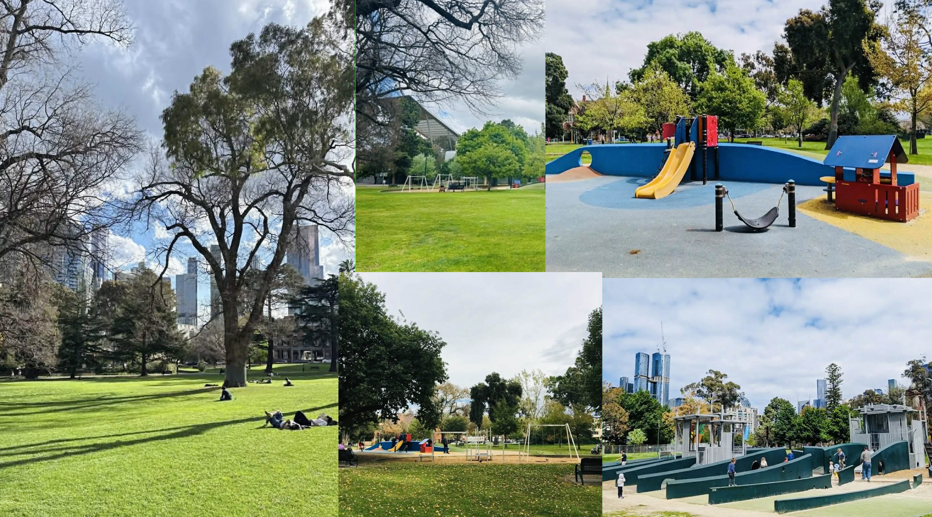 collage of photos of the Carlton Gardens north end - playground, grassy area