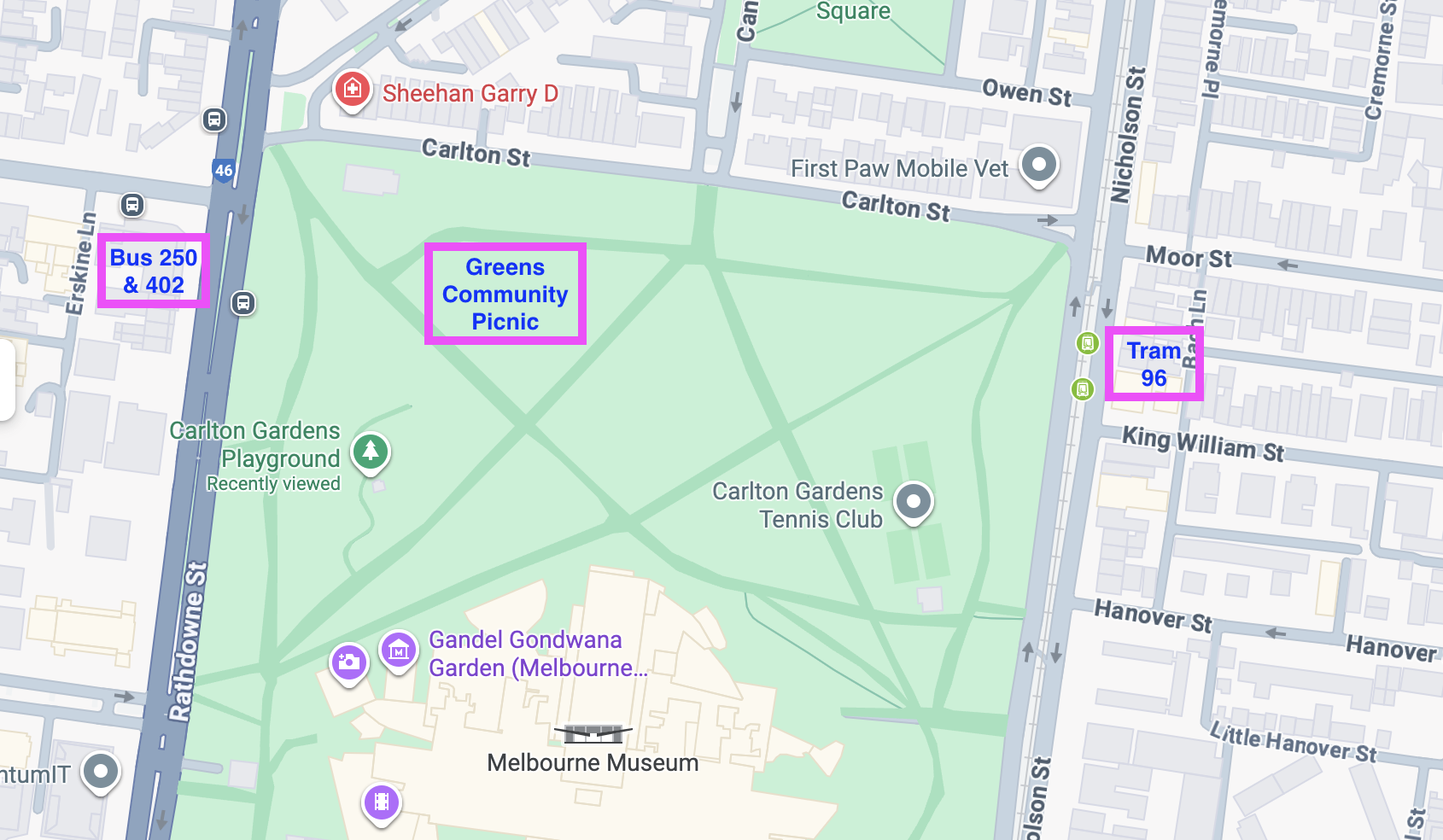 Google map screenshot of the North West end of the Carlton Gardens, showing the bus and tram lines, Melbourne Museum location and playground location